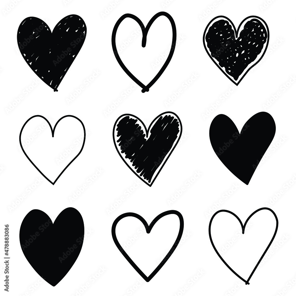 Vector set of original hand drawn hearts. Hearts are sketched in black on white background. Love, Valentines Day, Sketch.
