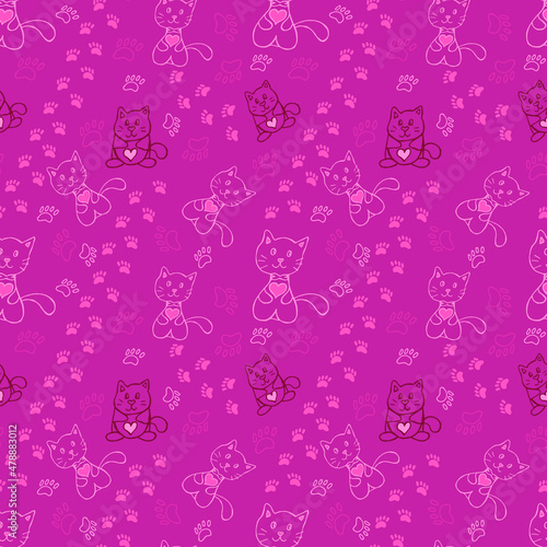 ute cats in love seamless pattern in doodle style.  Нand drawn Valentine's background for wrapping paper and textile. Vector illustration. 