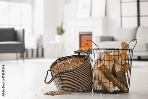 Bag with wood pellets and f...