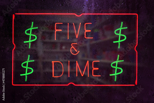 Vintage Neon Five and Dime Sign in Rainy Window