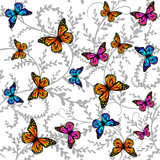 Seamless background beautiful twigs with butterflies. Vector illustration