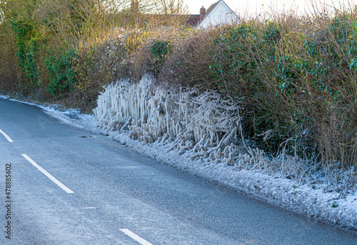 Low Freezing Temperature form large icicles in hedgerows and ice sculptures by the roadside on A120 in Bishops Stortford Hertfordshire photo