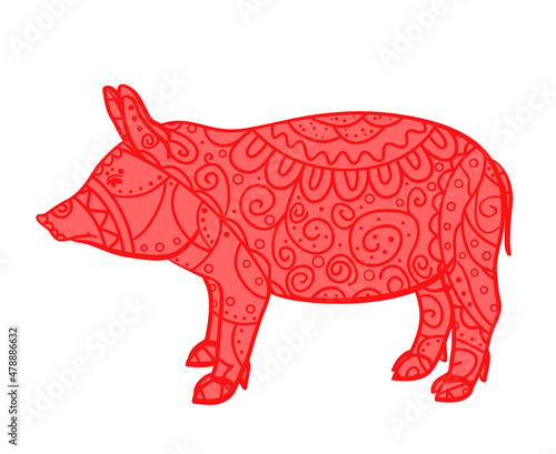 Colored pig on white. Zentangle. Hand drawn animal with intricate patterns on isolated background. Design for spiritual relaxation for adults. Print for banners, t-shirts and textiles. Zen art