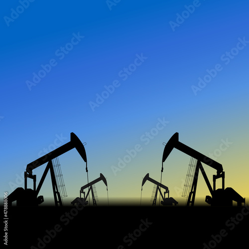 Oil pumps and oil rigs power industrial machines for increasing profits with fog and light. Energy industrial concept. Detailed diagram 