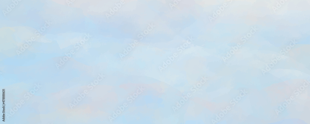 Vector watercolor art background with white clouds and blue sky. Hand drawn vector texture. Heaven. Pastel color watercolour banner. Template for flyers, cards, poster, cover.