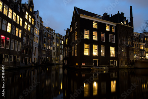 Buildings along the Canals in Amsterdam at Night.