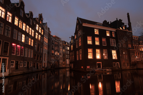 Photography Buildings along the Canals in Amsterdam at Night.