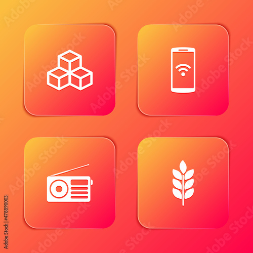 Set Isometric cube, Smartphone with wireless, Radio and Wheat icon. Vector