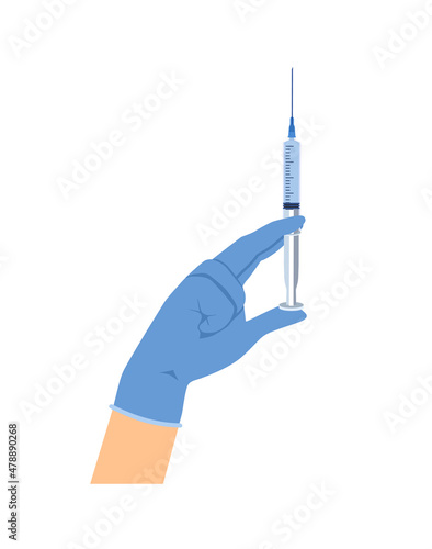Concept of vaccination. Hand in medical glove holds syringe with vaccine and prepares it for injection. Doctor releases air from syringe. Cartoon flat vector illustration isolated on white background