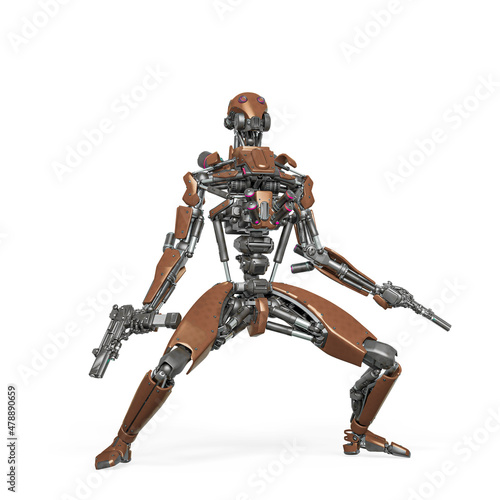 droid soldier is looking up like a super hero in action and holding a pistol