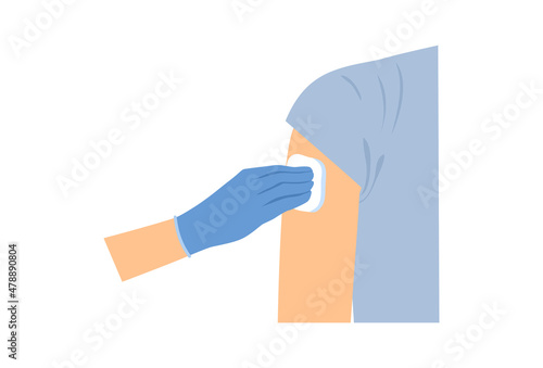 Concept of vaccination. Hand in medical glove holds cotton wool and disinfects patient shoulder for injection against flu and coronavirus. Cartoon flat vector illustration isolated on white background