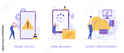 Repairman fixing phone using maintenance with warning sign. IT service controlling phone system and mobile app. System administrator connecting to network. Set of vector illustrations for web design