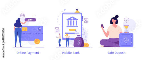 Customer buying online with virtual bank e-card. Client using mobile bank service. Woman saving money in profitable deposit. Set of online payment, mobile bank, safe bank deposit. Vector illustrations