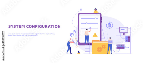 System configuration and settings concept. IT service controlling phone system and mobile app. sysadmin administrator connecting to network. Repairman fix errors. Vector illustration for web design