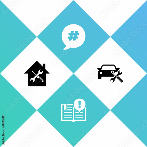 Set House service, Interesting facts, Hashtag speech bubble and Car icon. Vector