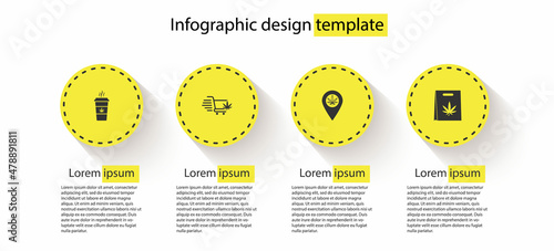 Set Cup coffee with marijuana, Shopping cart, Location and and bag. Business infographic template. Vector