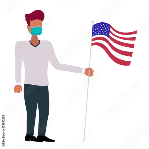 Person with corona face mask holding a USA flag