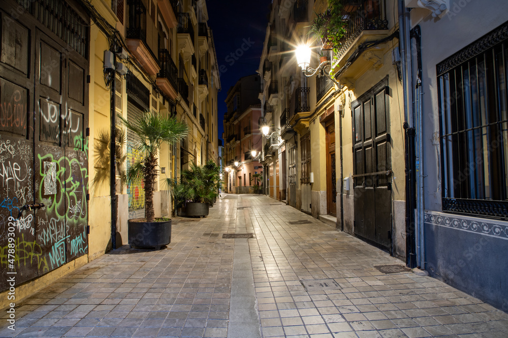 quaint street view at night in Valencia  Spain