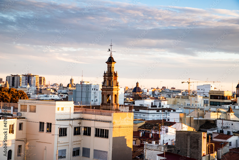 VALENCIA , SPAIN - DECEMBER 6, 2021: aerial cityscape view from Serranos towers on the old town of Valencia city in Spain VALENCIA , SPAIN - DECEMBER 6, 2021: aerial cityscape view from Serranos towers on the old town of Valencia city in Spain
