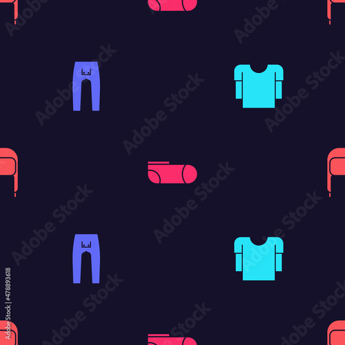 Set Long sleeve shirt, Pants, Sport socks and Winter hat with ear flaps on seamless pattern. Vector