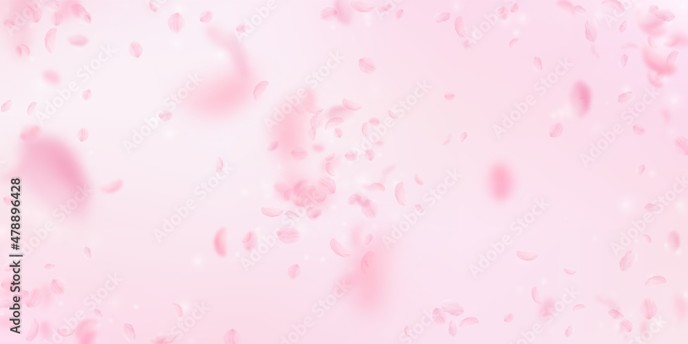 Sakura petals falling down. Romantic pink flowers explosion. Flying petals on pink wide background. Love, romance concept. Lively wedding invitation.