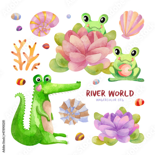 Watercolor sea set with cute sea creatures. Cute frogs, lotos and crocodile