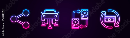 Set line Share, Car sharing, Data exchange with hhd and Refund money. Glowing neon icon. Vector