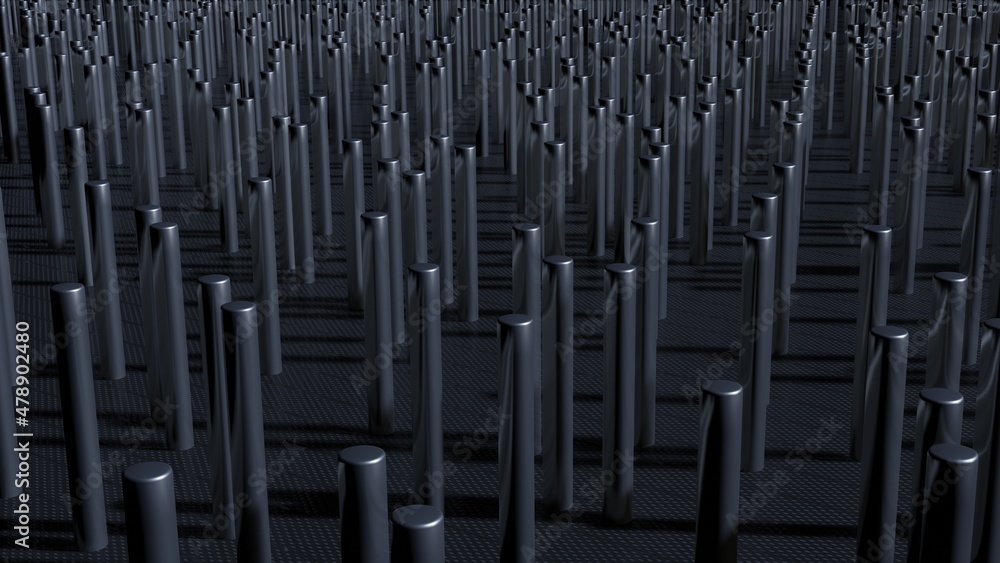 Fototapeta premium Array of metal cylinders. Repeating silver rods. Many tall , thin metal pins . 3d rendering illustration