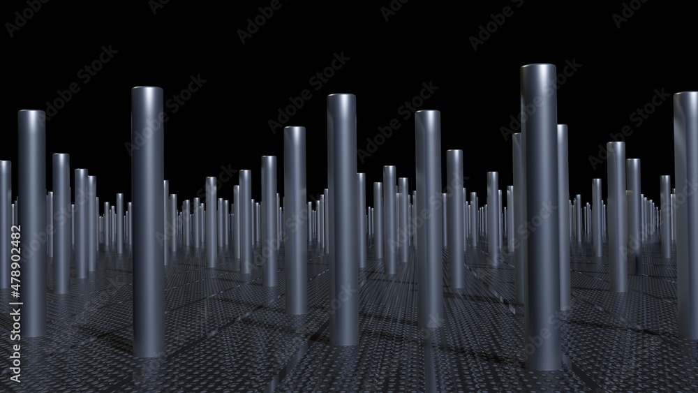 Array of metal cylinders. Repeating silver rods. Many tall , thin metal pins . 3d rendering illustration Array of metal cylinders. Repeating silver rods. Many tall , thin metal pins . 3d rendering illustration