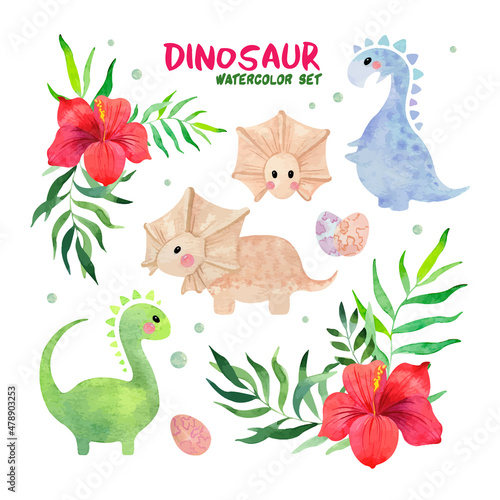 Watercolor set with cute little dinosaurs and tropical flowers