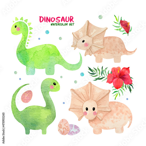 Watercolor set with cute little dinosaurs and tropical flowers