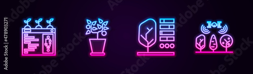 Set line Smart farming technology, Plant pot, status and with drone. Glowing neon icon. Vector