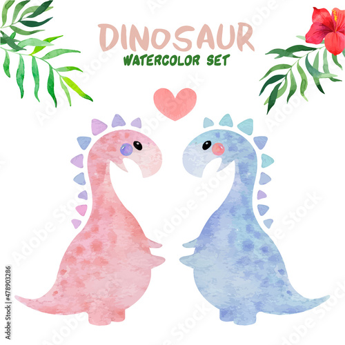 Watercolor set with cute little dinosaurs and tropical flowers