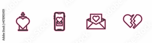 Set line Bottle with love potion, Envelope Valentine heart, Mobile and Broken icon. Vector