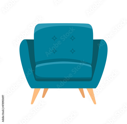 Living room furniture concept. Sticker with classic blue armchair with padded armrests and seat for one person. Apartment interior design. Cartoon flat vector illustration isolated on white background