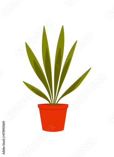 Living room decoration concept. Sticker with bright red pot and green plant with long leaves. Organic design element for apartments. Cartoon flat vector illustration isolated on white background