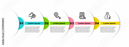 Set line Global economic crisis, Dollar rate decrease, Mobile stock trading and Money bag. Business infographic template. Vector
