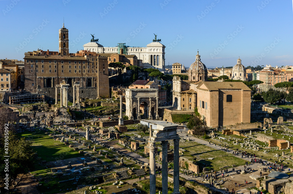 Blue sky above he ruines of the Roman Forum - the heart of the Romn Empire