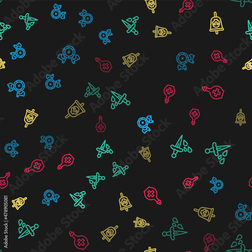 Set line Medieval shield with axe, Sword blood, Pirate flag and Bottle potion on seamless pattern. Vector