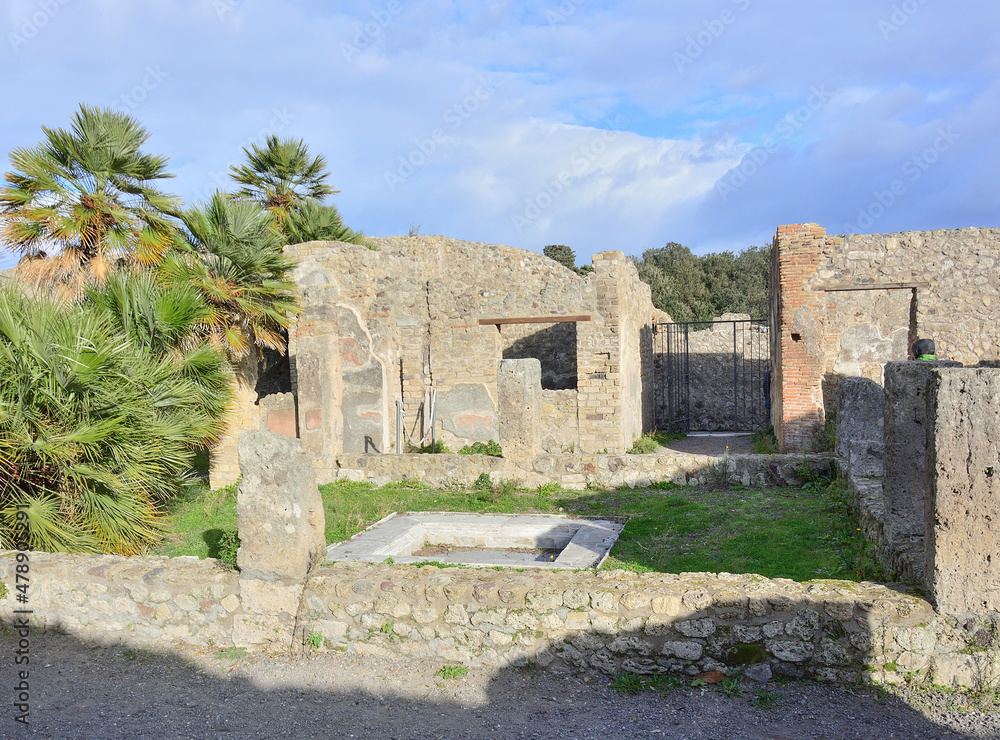 Blue sky with clouds, green trees ang grass growing in the ancient ruined city of Pompeii, Italy