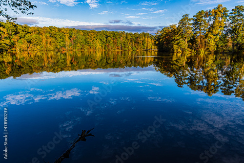 Fall Foliage Reflecting in Yates Mill Pond, Raleigh, North Carolina, USA photo