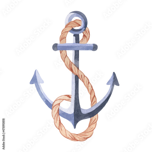 Fototapeta Watercolor metal anchor with rope