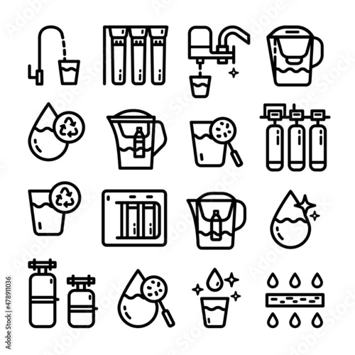 water purification outline icons set