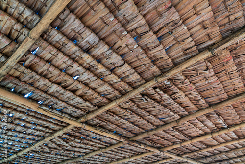 Structure of bamboo huts. Bamboo hut. Bamboo huts for living. The part of the roof is made of bamboo. ceiling is made of bamboo.