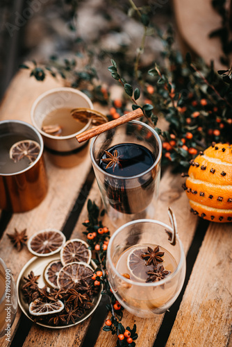 Christmas drinks on a wooden box photo