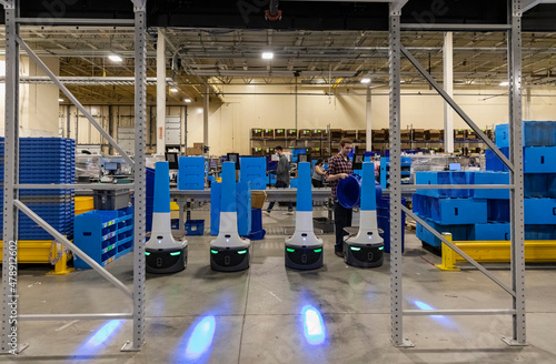 Lasers on front of robots at e-commerce warehouse photo