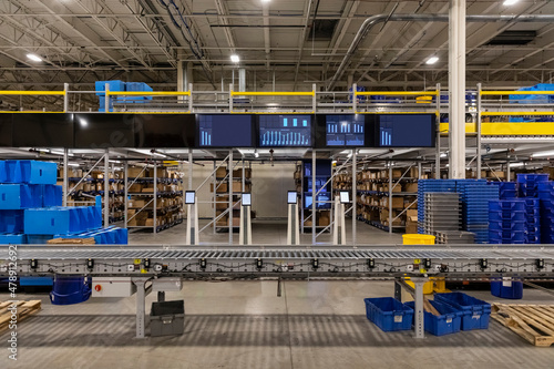 Production Status Monitors on floor of warehouse 