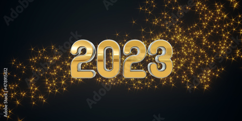 Happy New Year 2023 black poster, golden letter. New Year background. Copy space