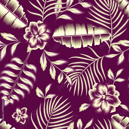 beautiful elegance rainforest jasmine flowers samless topical pattern with jungle plants illustration and foliage on pastel background. vector design. Floral background. Exotic tropics. Summer prints