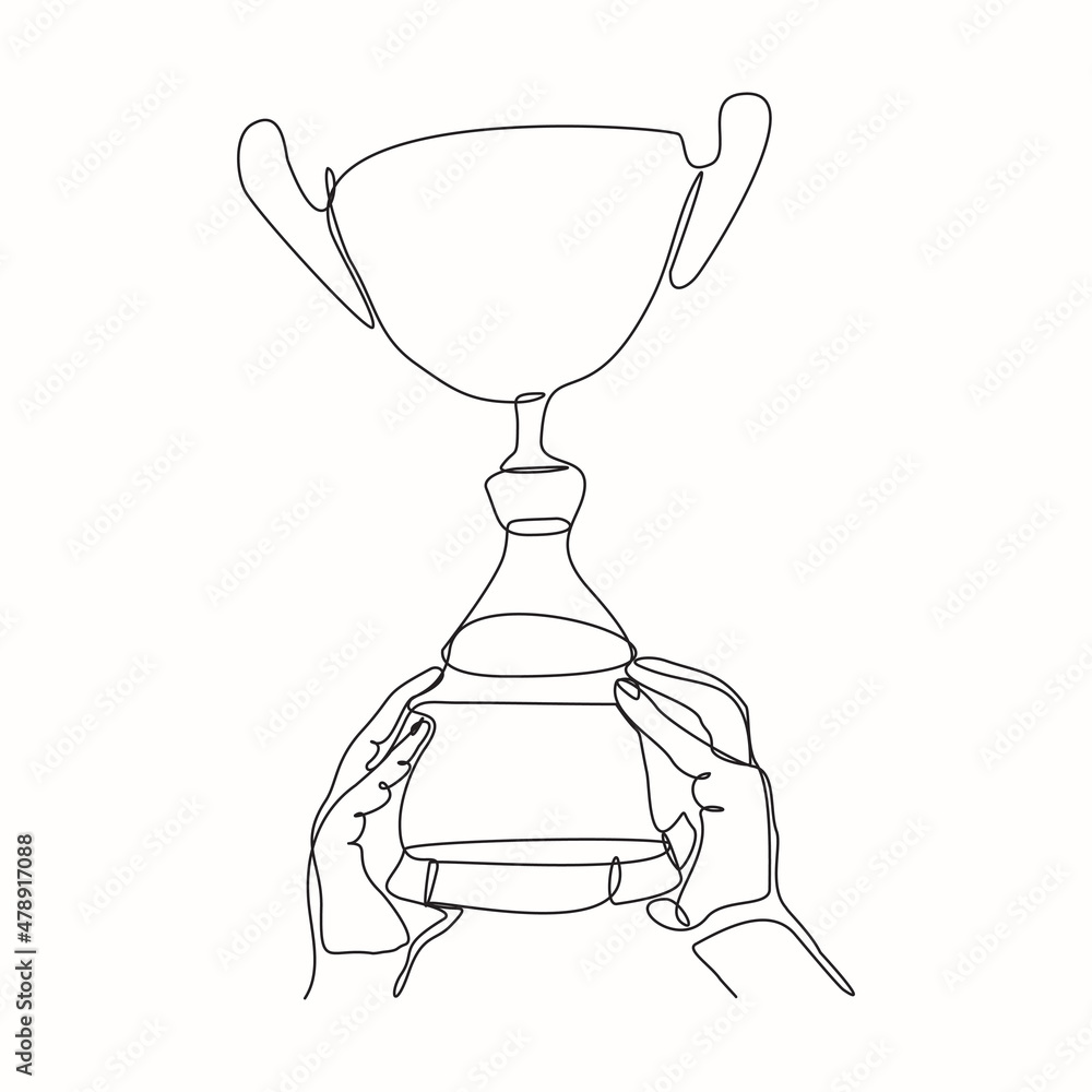 Continuous line drawing of hand holding trophy award celebration